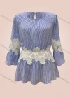 Wholesale Women's Casual Striped Lace Applique Round Neck Ruffle Hem Long Sleeve Blouse - Liuhuamall