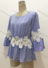 Wholesale Women's Casual Striped Lace Applique Round Neck Ruffle Hem Long Sleeve Blouse - Liuhuamall