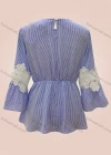 Wholesale Women's Casual Striped Lace Applique Round Neck Ruffle Hem Long Sleeve Blouse - Liuhuamall