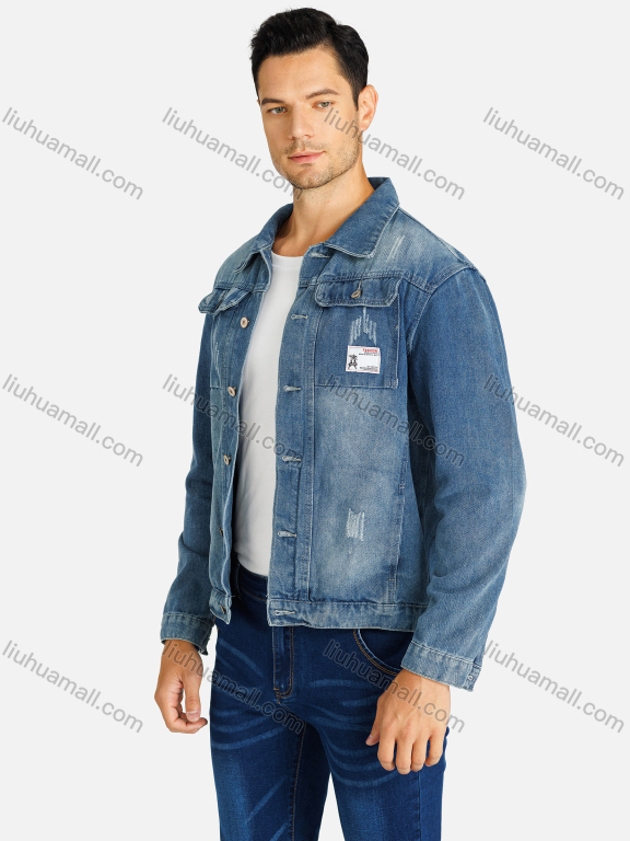 Wholesale Men's Basics Plain Button Down Flap Pockets Distressed Denim Jacket