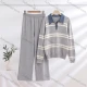 Wholesale Women's Casual Striped Denim Collar Pullover Sweater Wide Leg Pants 2 Piece Set #A7691 Gray Clothing Wholesale Market Liuhua