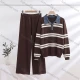 Wholesale Women's Casual Striped Denim Collar Pullover Sweater Wide Leg Pants 2 Piece Set #A7691 Coffee Clothing Wholesale Market Liuhua