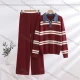 Wholesale Women's Casual Striped Denim Collar Pullover Sweater Wide Leg Pants 2 Piece Set #A7691 Wine Clothing Wholesale Market Liuhua