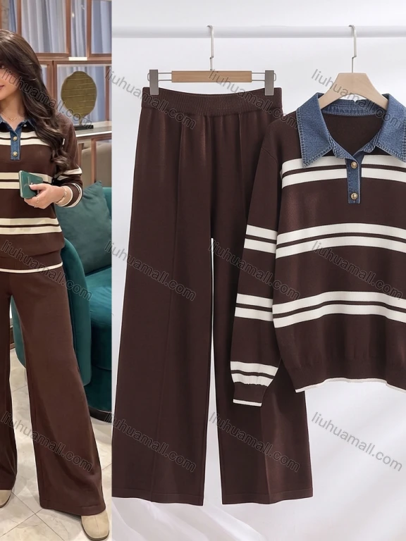 Wholesale Women's Casual Striped Denim Collar Pullover Sweater Wide Leg Pants 2 Piece Set #A7691