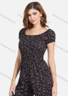 Wholesale Women's Square Neck Short Sleeve Shirred Floral Print Casual Jumpsuit - Liuhuamall