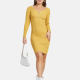 Women's Casual Long Sleeve Scoop Neck Button Front Ribbed Slim Fit Pencil Knit Short Dress 2117# Yellow Clothing Wholesale Market -LIUHUA