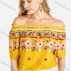 Wholesale Women's Boho Off Shoulder Ruffle Trim Floral Print Blouse Yellow Guangzhou Clothing Wholesale Market & Suppliers -LIUHUAMALL