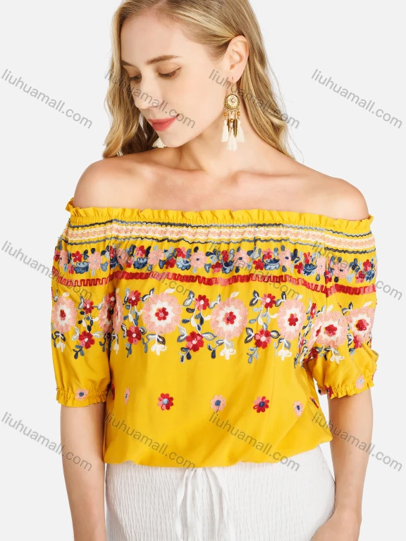 Wholesale Women's Boho Off Shoulder Ruffle Trim Floral Print Blouse