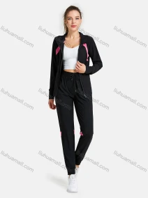 Wholesale Women's Sporty 2 Pieces Striped Hooded Pockets Zipper Jacket & Drawstring Jogger Pant Sets, LIUHUA CLOTHING WHOLESALE