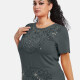 Women's Elegant Round Neck Floral Sequin Embroidery Short Sleeve T-Shirt Dim Gray Clothing Wholesale Market -LIUHUA