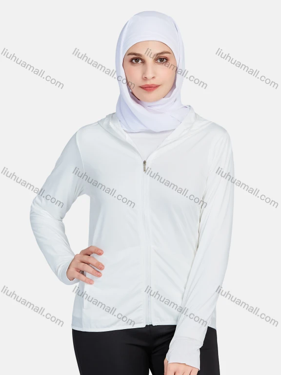 Wholesale Women's Sporty Hooded Long Sleeve Windproof Breathable Dual Pockets Jackets 1390-White#