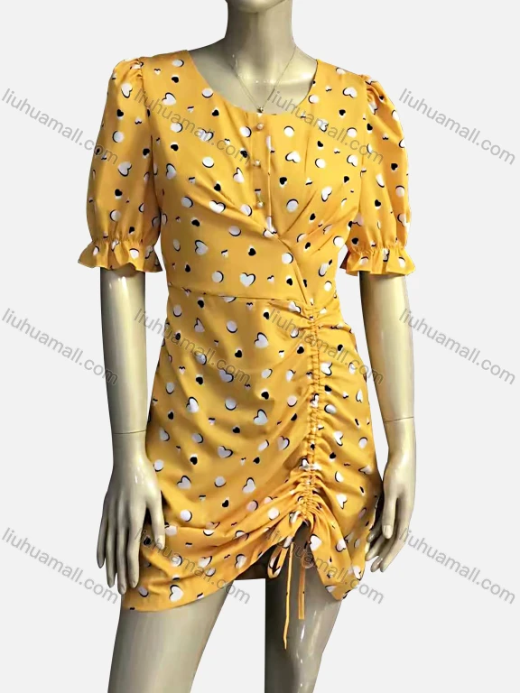 Wholesale Women's Casual Chiffon Scoop Neck Poet Sleeve Pearl Decor Heart Print Short Dress	