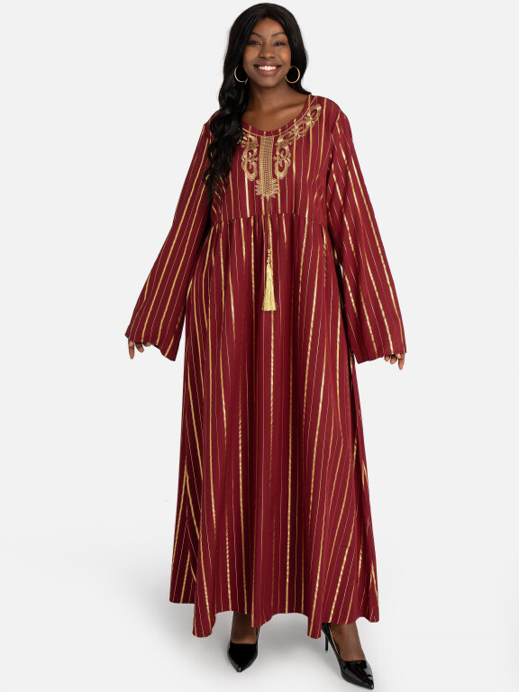 Women's Vintage Round Neck Long Sleeve Striped African Maxi Dress, Clothing Wholesale Market -LIUHUA, Specialty, Women-s-Muslim-Clothing