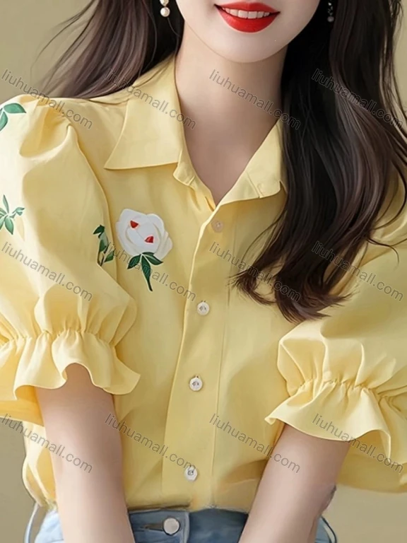 Wholesale Women's Premium Pure Cotton Shirt, Puff Sleeve Printed Casual Blouse, Trendy Elegant Short Sleeve Top for Spring Summer