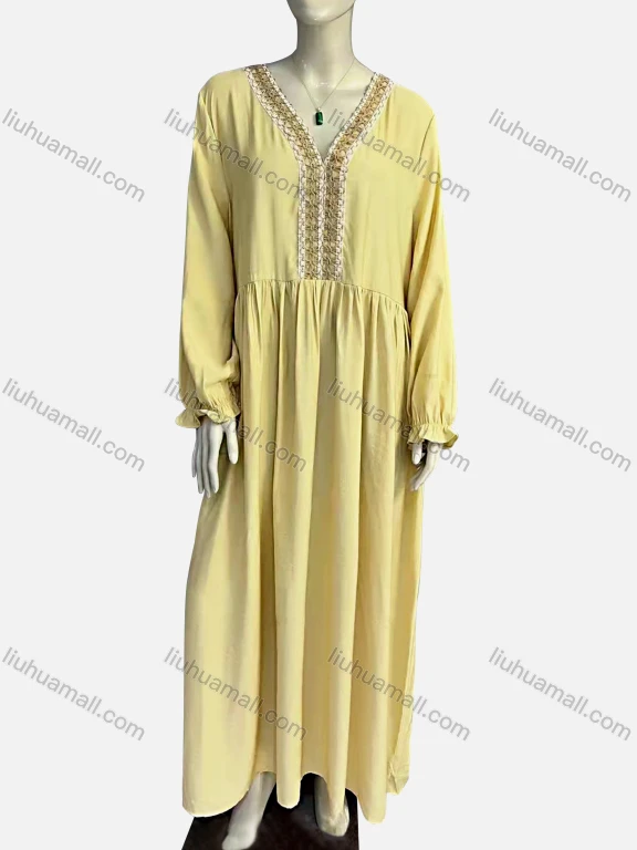 Wholesale Women's Vintage V Neck Long Sleeve Embroidery Trim Maxi Dress
