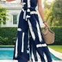 Wholesale Women's Fashion Strapless Patch Pocket Tie Front Abstract Print Open Back Wide Leg Jumpsuit preview