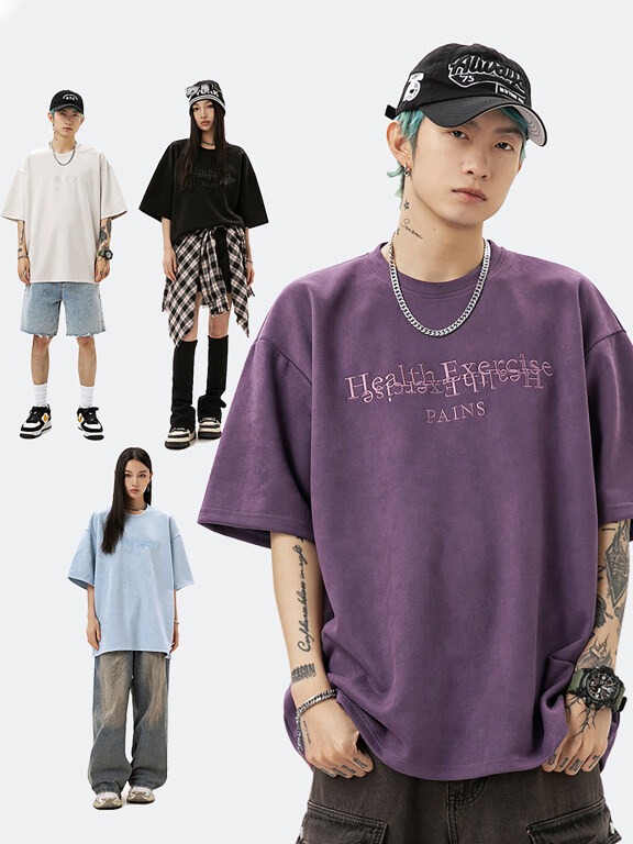Men's Fashion Plain Letter Round Neck Short Sleeve Unisex Drop Shoulder Suede T-shirts, Clothing Wholesale Market -LIUHUA, Men