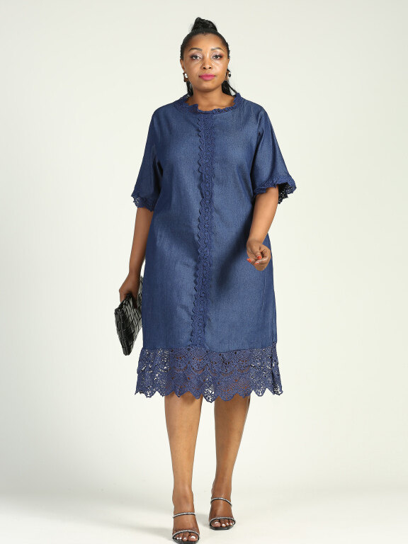 Women's Casual Crew Neck Half Sleeve Petal Hem Midi Denim Dress, Clothing Wholesale Market -LIUHUA, 