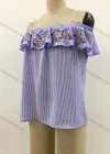 Wholesale Women's Casual Striped Floral Embroidery Off Shoulder Blouse - Liuhuamall