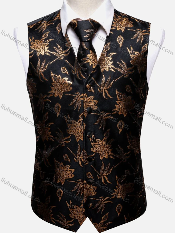 Wholesale Men's Formal Floral Single Breasted Silky Waistcoat With Necktie 2-piece Set