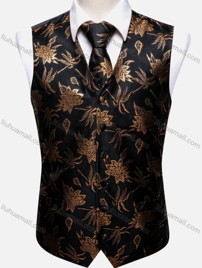Wholesale Men's Formal Floral Single Breasted Silky Waistcoat With Necktie 2-piece Set