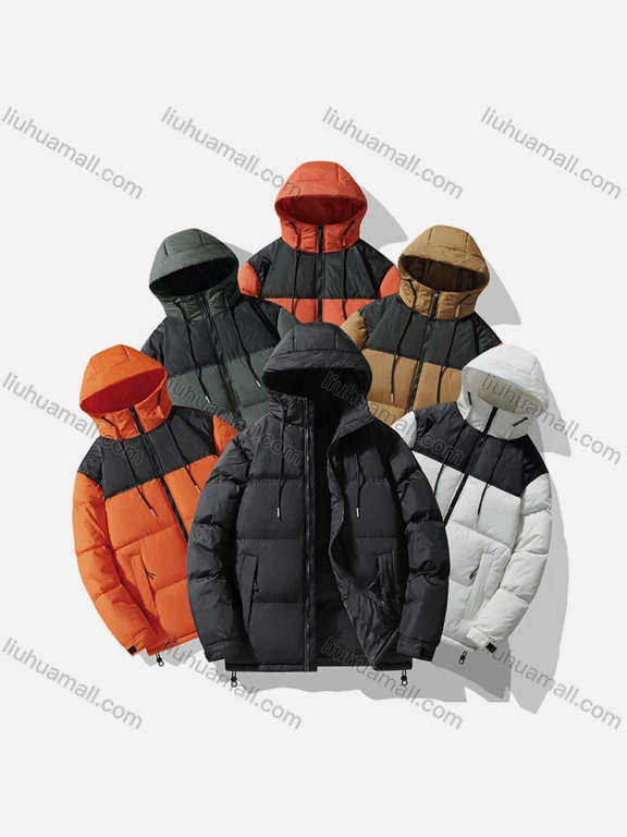 Wholesale Men's Casual Colorblock Hooded Drawstring Patch Pocket Zip Up Cotton-Padded Puffer Jacket 6-9988#