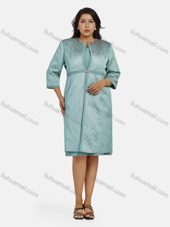 Wholesale Women's Elegant 3/4 Sleeve High Waist Geometric Cardigan & Tank Dress 2-piece Set 21792#