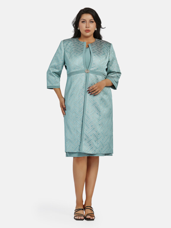 Women's Elegant 3/4 Sleeve High Waist Geometric Cardigan & Tank Dress 2-piece Set 21792#, Clothing Wholesale Market -LIUHUA, WOMEN, Sets
