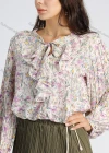 Wholesale Women's Chiffon Allover Floral Print Lantern Sleeve Tie Neck Ruffle Trim Blouse - Liuhuamall