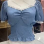 Wholesale Women's Casual Plain Puff Sleeve Eyelet Embroidered Ruffle Trim Crop Blouse preview