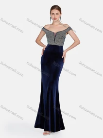 Wholesale Women's Glamorous Off Shoulder Lace Stiching Color Maxi Evening Dress, LIUHUA CLOTHING WHOLESALE