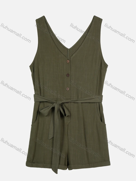 Wholesale Women's Casual Sleeveless Tie Front Patch Pocket Button Up V Neck Romper