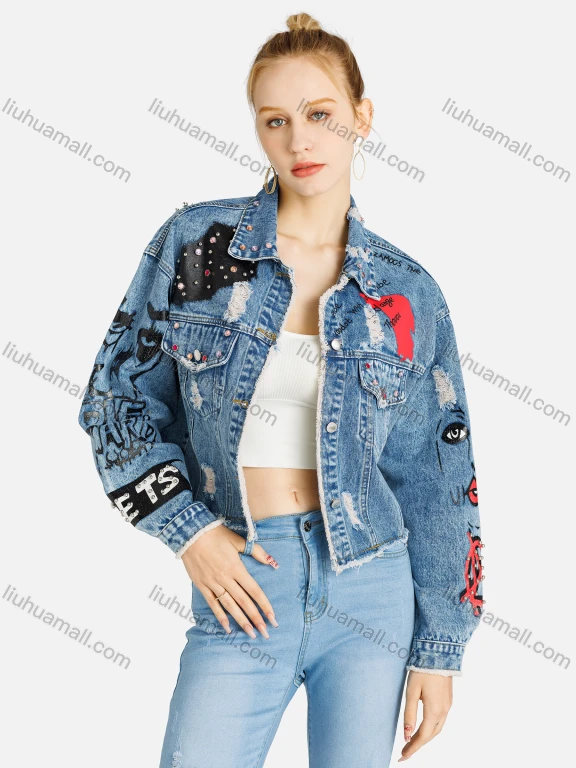Wholesale Women's Fashion Graffiti Rhinestone Pearl Decor Button Down Ripped Frayed Raw Hem Flap Pockets Crop Denim Jacket