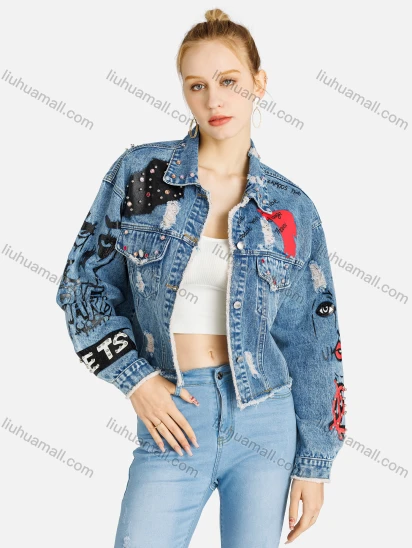 Wholesale Women's Fashion Graffiti Rhinestone Pearl Decor Button Down Ripped Frayed Raw Hem Flap Pockets Crop Denim Jacket
