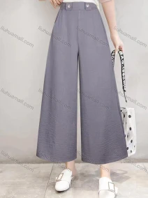 Wholesale Women's Casual Plain Button High Waist Wide Leg Ankle Length Pants, LIUHUA CLOTHING WHOLESALE