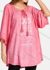 Wholesale Women's Casual Tie Front Round Neck Hollow Out Bell Sleeve Letter Print Plain Tunic - Liuhuamall