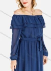 Wholesale Women's Plain Off Shoulder Long Sleeve Flounces Tie Front Mesh Tiered Chiffon Maxi Dress With Belt - Liuhuamall