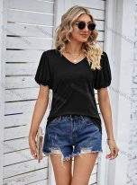 Wholesale Women's Casual Plain V Neck Puff Sleeve Blouse 8006#, LIUHUA CLOTHING WHOLESALE