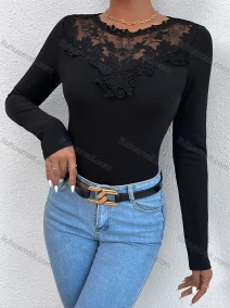 Wholesale Women's Round Neck Long Sleeve Slim Fit Embroidery Lace Plain Knit Top LQ-X2620X#, LIUHUA CLOTHING WHOLESALE