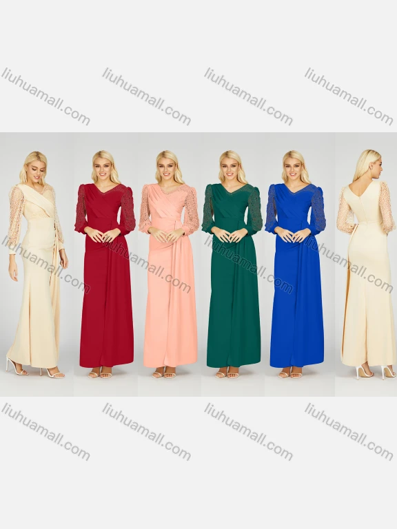 Wholesale Women's Elegant V Neck Plain Hollow Out Splicing Long Sleeve Pleated Split Side Maxi Evening Dress 7021#