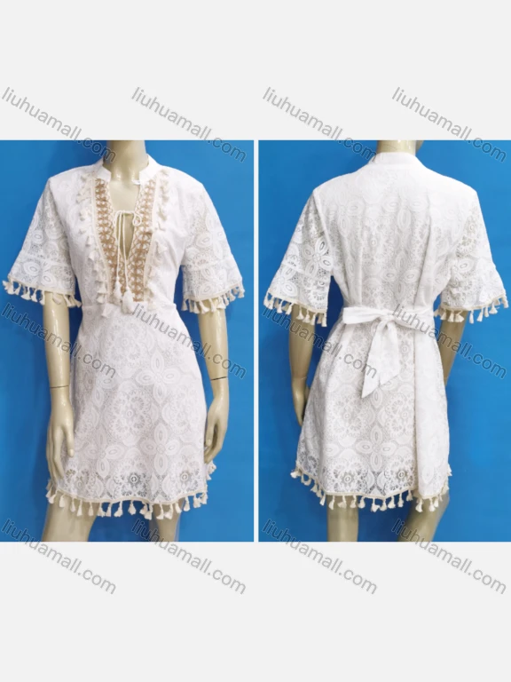 Wholesale Women's Sexy Short Sleeve Notched V Neck Tie Front Embroidery Lace Dress