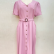 Women's Casual V Neck Button Down Belted Plain Midi Dress With Belt Pink Clothing Wholesale Market -LIUHUA