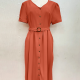 Women's Casual V Neck Button Down Belted Plain Midi Dress With Belt 18# Clothing Wholesale Market -LIUHUA