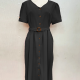 Women's Casual V Neck Button Down Belted Plain Midi Dress With Belt 10# Clothing Wholesale Market -LIUHUA