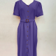 Women's Casual V Neck Button Down Belted Plain Midi Dress With Belt 13# Clothing Wholesale Market -LIUHUA