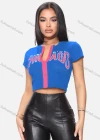 Wholesale Women's Casual Crew Neck Short Sleeve Full Zip Letter Crop Top - Liuhuamall