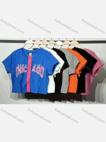 Wholesale Women's Casual Crew Neck Short Sleeve Full Zip Letter Crop Top, LIUHUA CLOTHING WHOLESALE