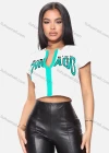 Wholesale Women's Casual Crew Neck Short Sleeve Full Zip Letter Crop Top - Liuhuamall