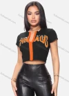 Wholesale Women's Casual Crew Neck Short Sleeve Full Zip Letter Crop Top - Liuhuamall