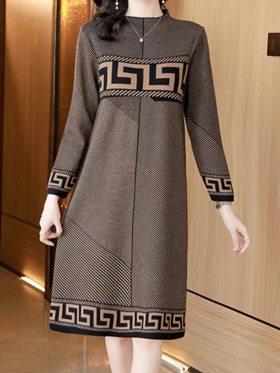 Women's Casual Greek Key Mock Neck Long Sleeve Knee Length Sweater Dress, Clothing Wholesale Market -LIUHUA, 